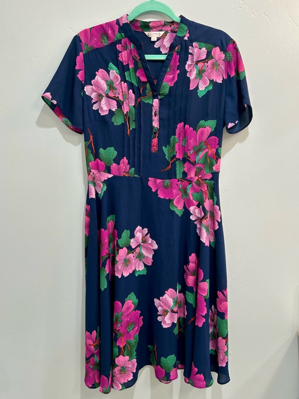 Nanette Lepore Floral Shirtdress Midi Navy Fuchsia Pink Pleated Front Size 6 - Picture 2 of 10